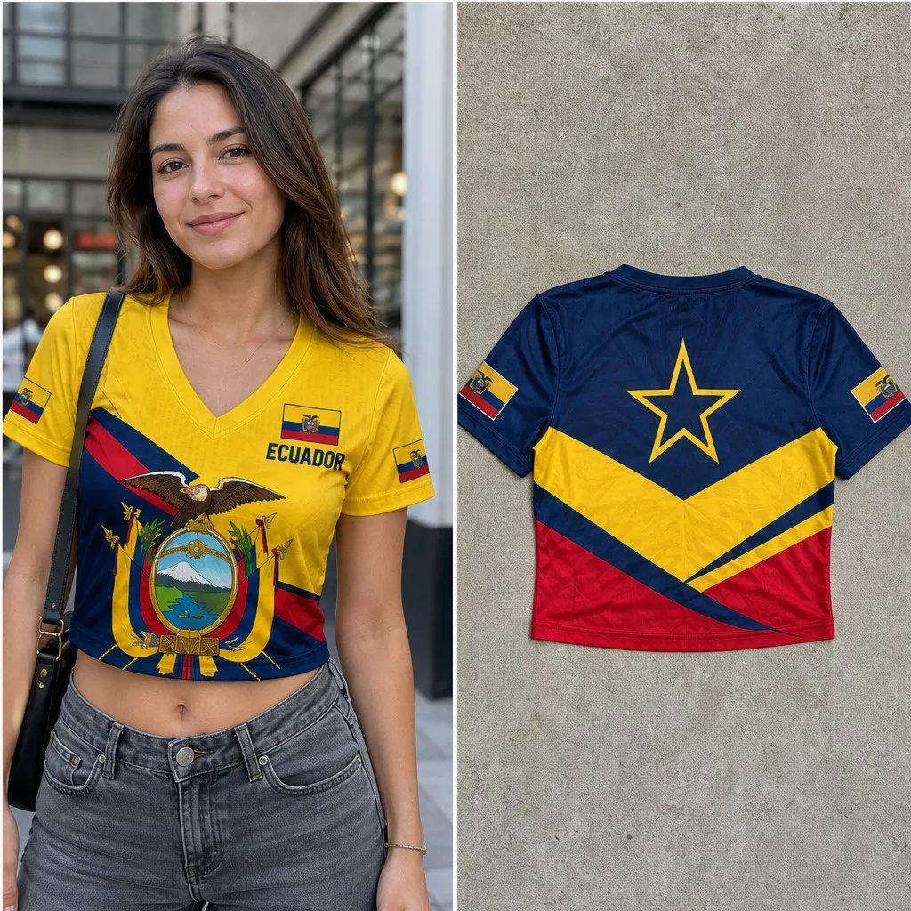 Womens Ecuador V Neck Short Sleeve Crop Top Eagle Crest Star Design New Casual Summer Shirt for Street Travel Holiday Daily Wear