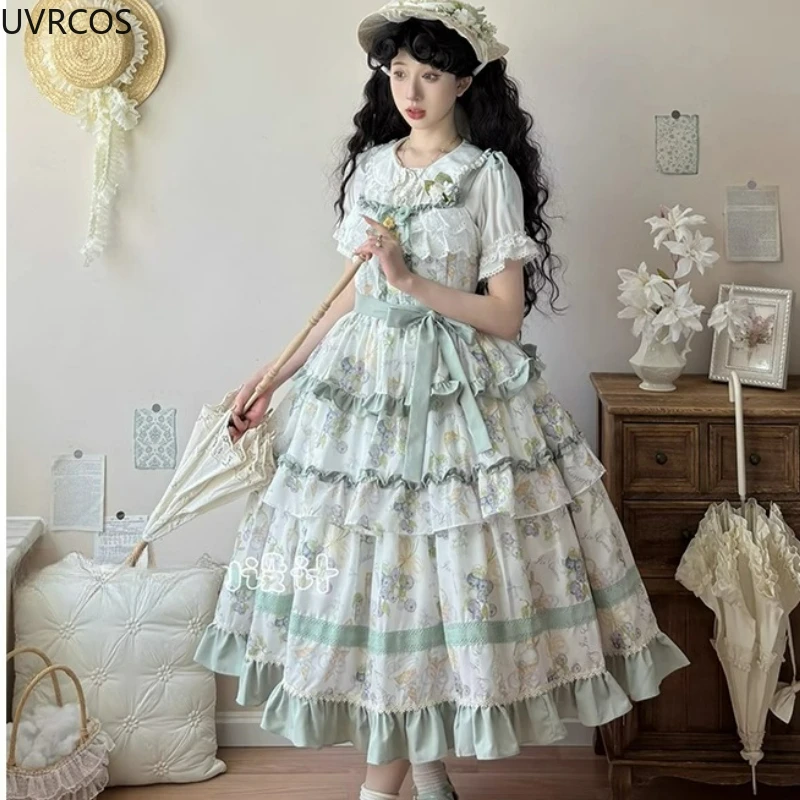Kawaii Cute Grape Print Ruffles Bow Princess Dresses Vintage Evening Party Dress Victorian Sweet Elegant Lolita Jsk Dress Women view 4