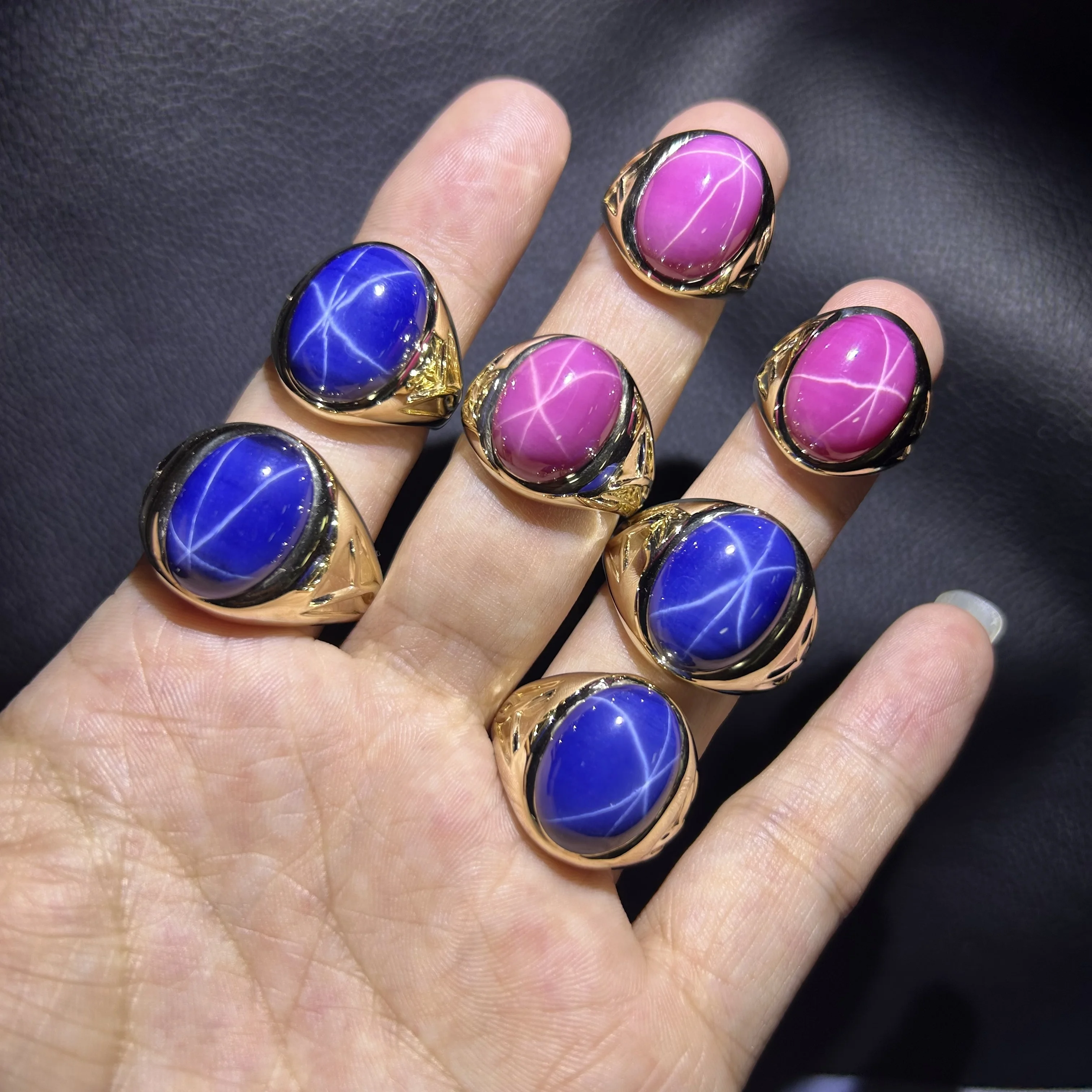 10K Yellow Gold Blue and Pink Star Oval Shape 13x18mm Ruby Couple Ring On Sale