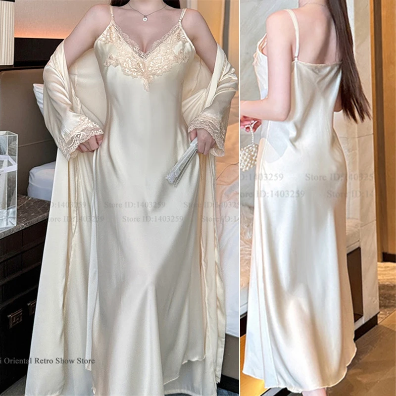 

Female Long Robe Nightgown Set Home Dress Elegant Silk Satin Negligee Bathrobe Kimono Gown Loose Casual Sleepwear Lounge Wear ﻿
