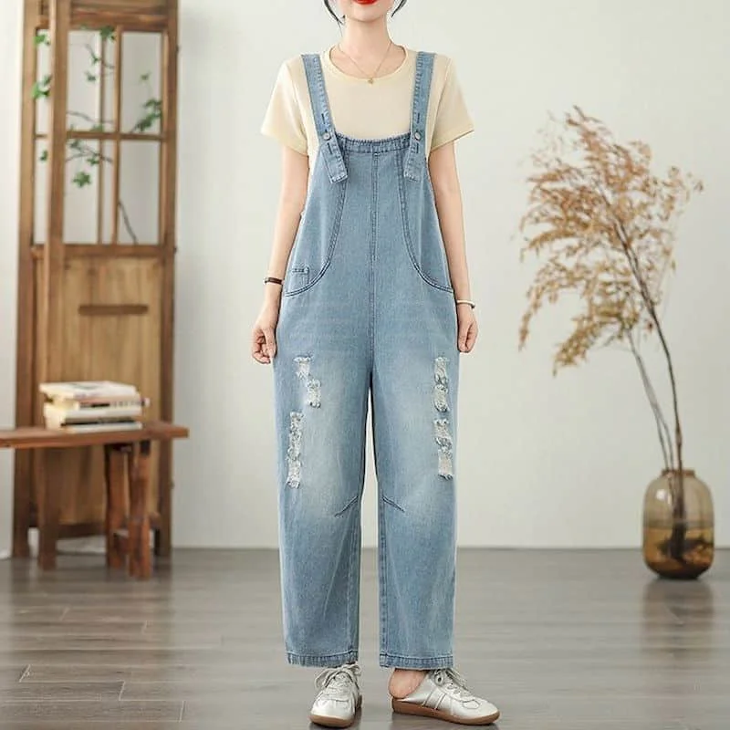 

Workwear Jumpsuits Loose Casual Harem Pants Korean Style Jeans Vintage Artistic Rompers One Piece Outfits Autumn Women Clothing