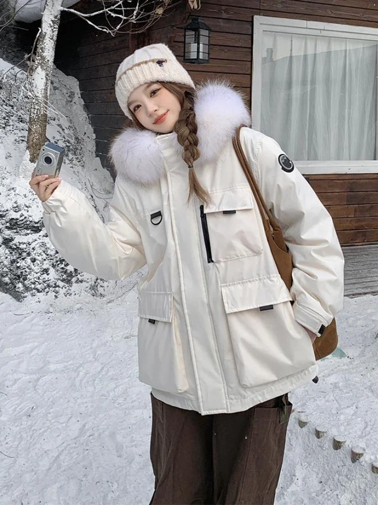 Thickened Down Jacket Female Winter New White Duck Down Warm Mid-length Large Fur Collar Hooded Workwear Casual Loose Jacket