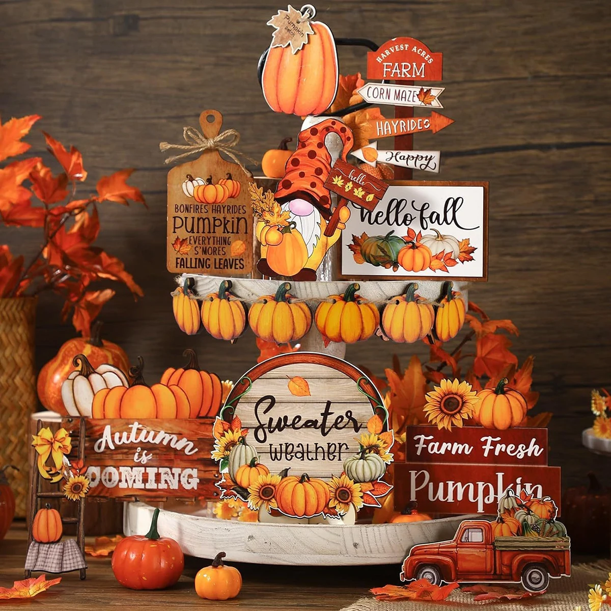 16PCS Wooden Tiered Tray Decorations Autumn Holiday Thanksgiving Party Tabletop Decor,Rustic Welcome Pumpkin Mini Wooden Sign