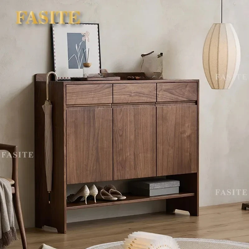 For North American Black Walnut Solid Wood Shoe Cabinet Large Capacity Modern Simple Multi Layer Entrance Storage for Living