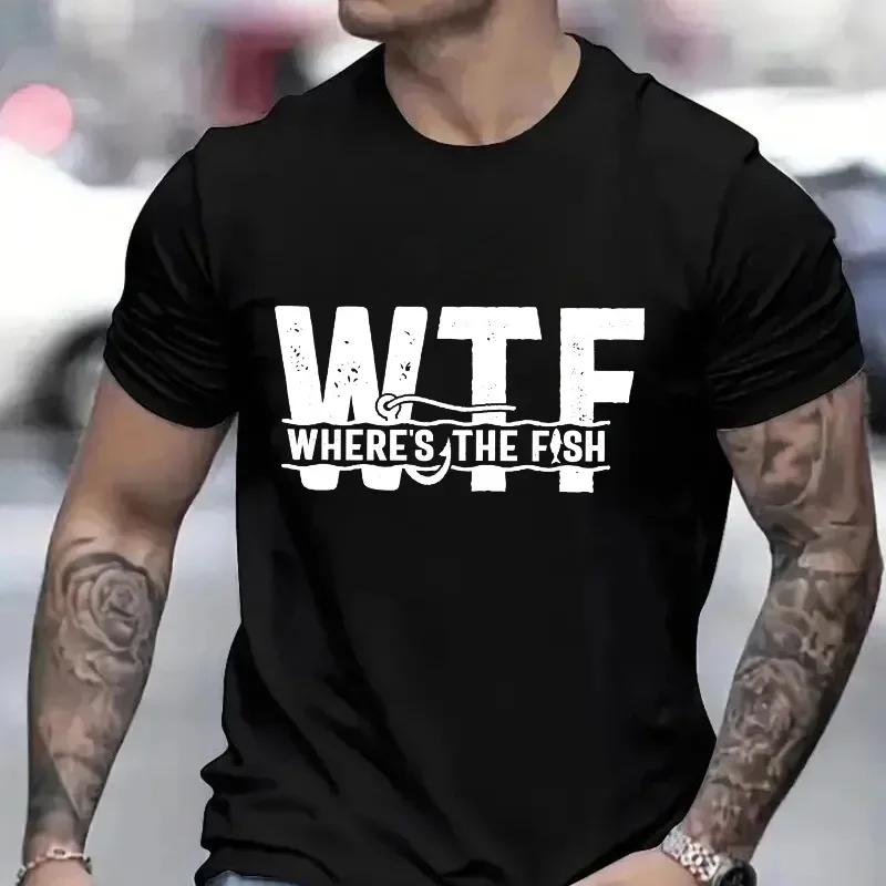 Mens Tee Wheres The Fish WTF Funny Fishing Graphic Crew Neck Short Sleeve T Shirt Casual Tops For Fisherman Angler Summer Top