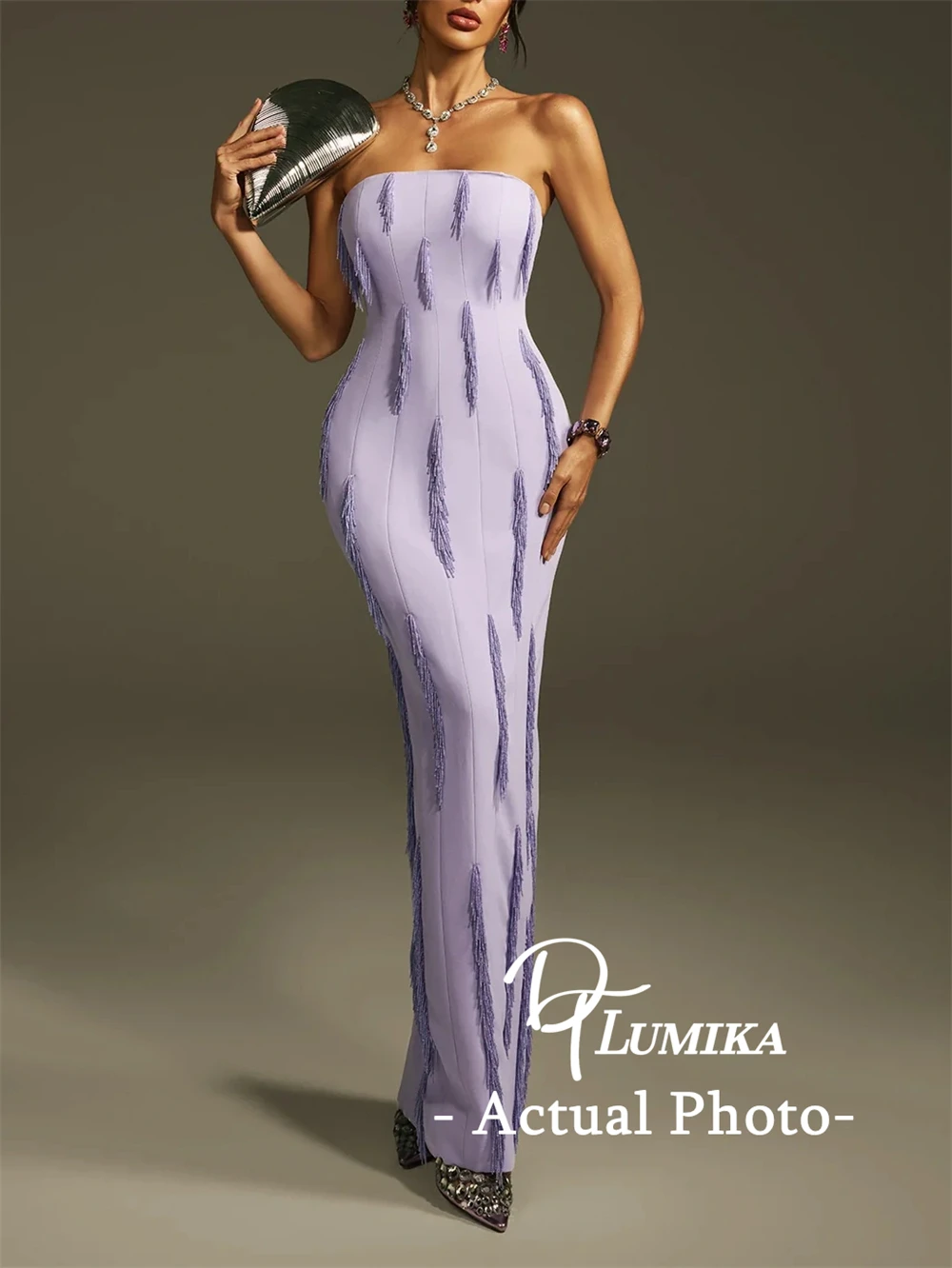 DTLumika – Lilafarbenes Maxikleid mit Perlenquasten für Damen, Etuikleid, langes Partykleid, trägerlos, Abschlussball, Abend, Abendessen