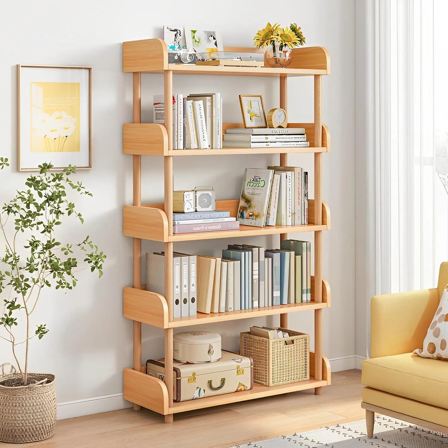 Wooden Open Bookcase - Modern Display Bookshelf with Top Edge and Solid Wood Frame for Home and Office, Storage Cabinet, Oak