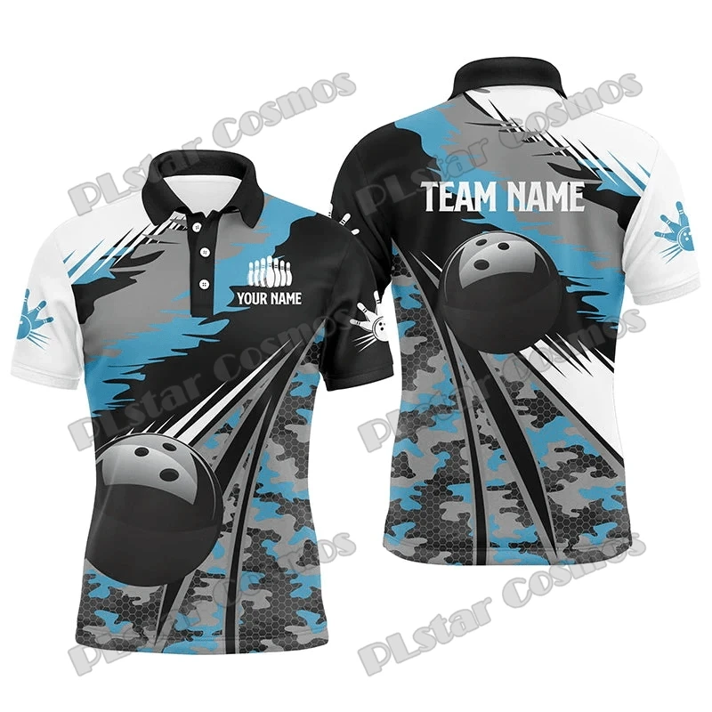 Blue Camo Bowling Custom Name 3D Printed Men's Polo Shirt Summer Street Casual Bowling Jersey Gift For Bowling Players WK51