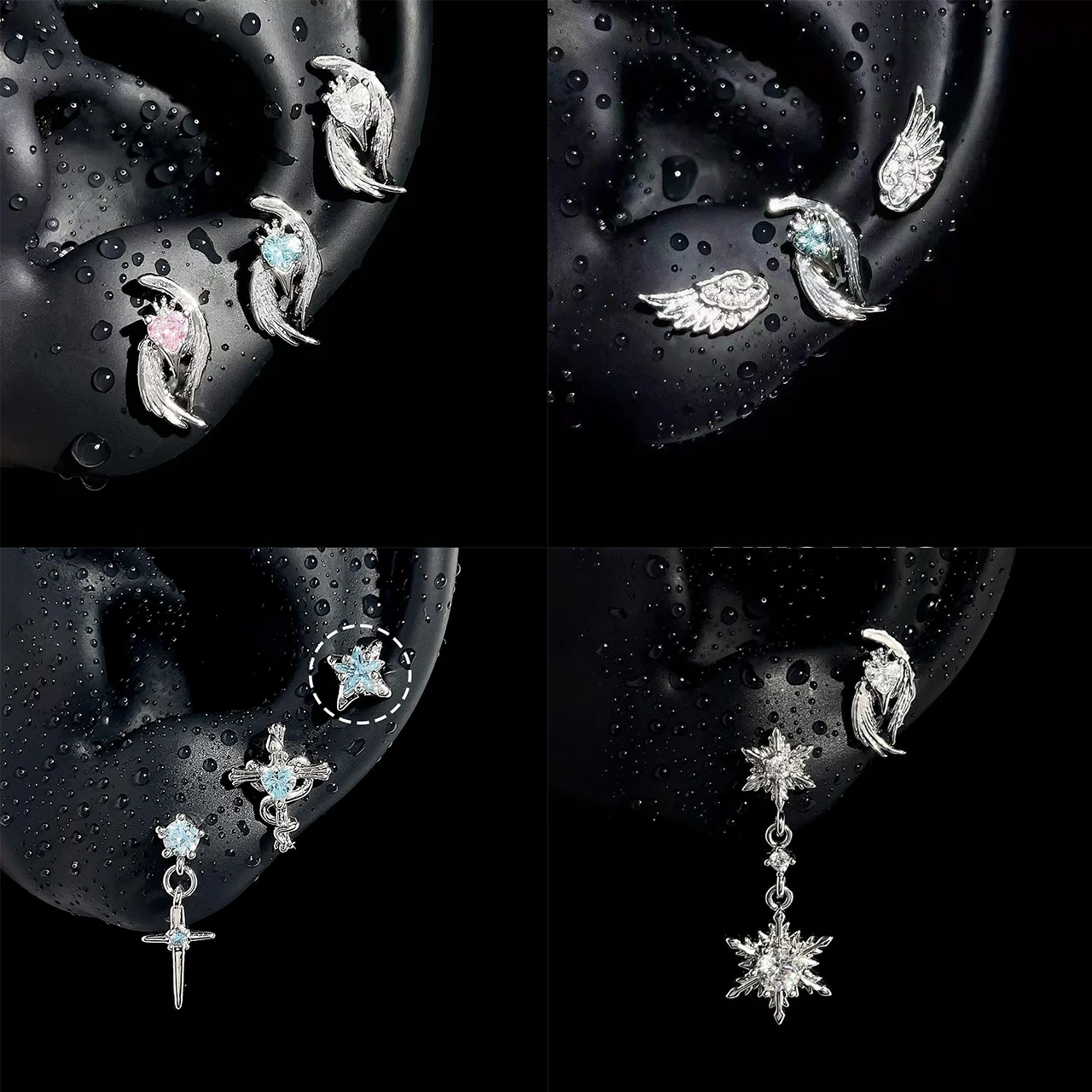 Y2K Silver Wing Heart Cartilage Earrings Star Cross Snowflake Dangle Stud Earrings For Women Punk Party Jewelry