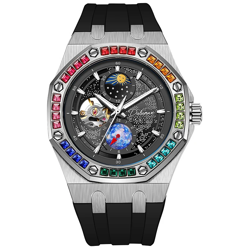 8-color Gemstone Bezel Rotating Earth Double Second Hand WristWatch Men Automatic Mechanical Watch Starry Sky Silicone Watchband