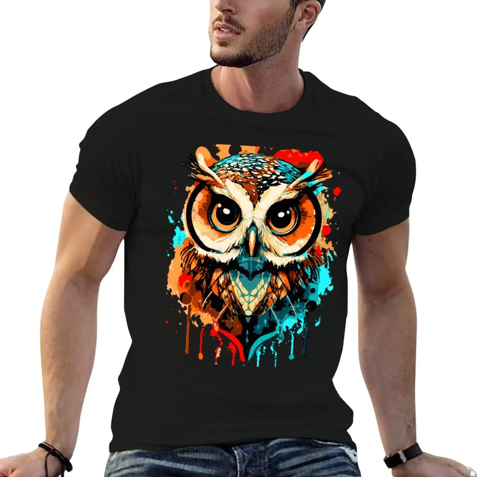Camiseta com ilustração de cabeça de coruja colorida - Camiseta masculina casual e divertida com estampa de coruja fofa