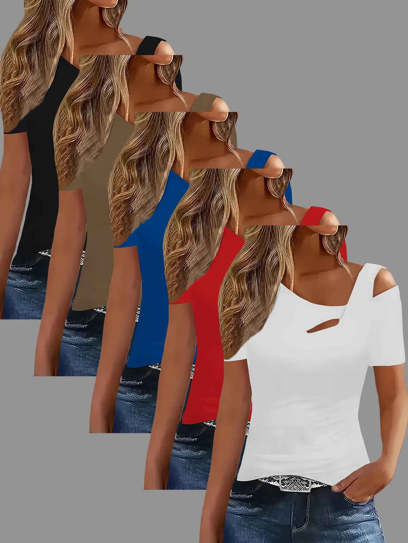 

Набор из 5 женских футболок в стиле «Hot Girl» с вырезами, открытыми плечами, короткими рукавами, однотонных, весенне-летних, асимметричного кроя, облегающие, стройнящие топы