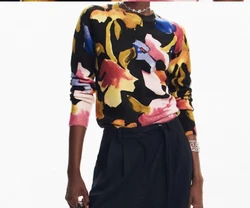 Foreign trade original single Spanish spring and autumn printed round neck flower knitted sweater