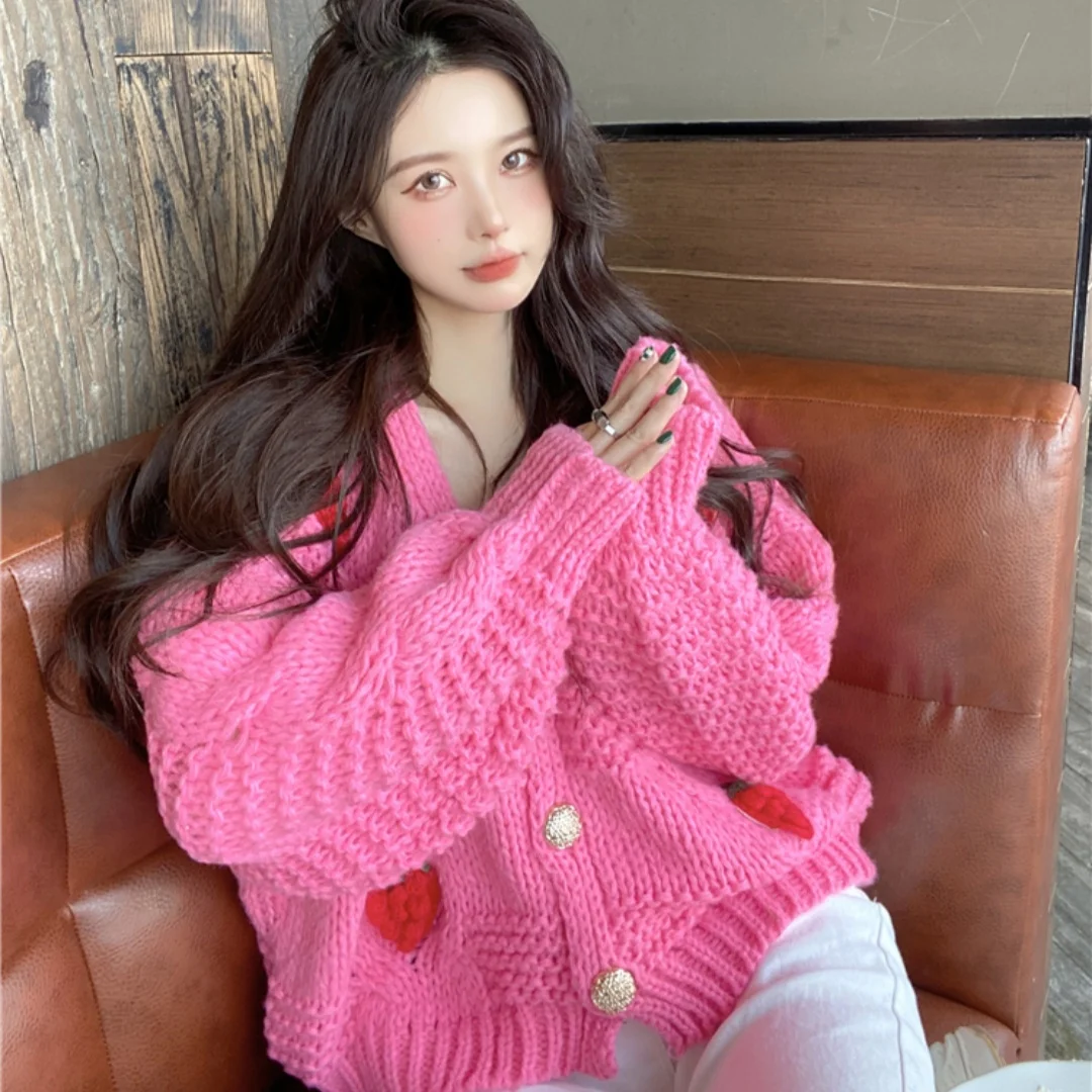 

Весенне-осенний вязаный открытый кардиган, свитер, женская ленивая милая футболка, свободный топ с v-образным вырезом и цветочным принтом клубники