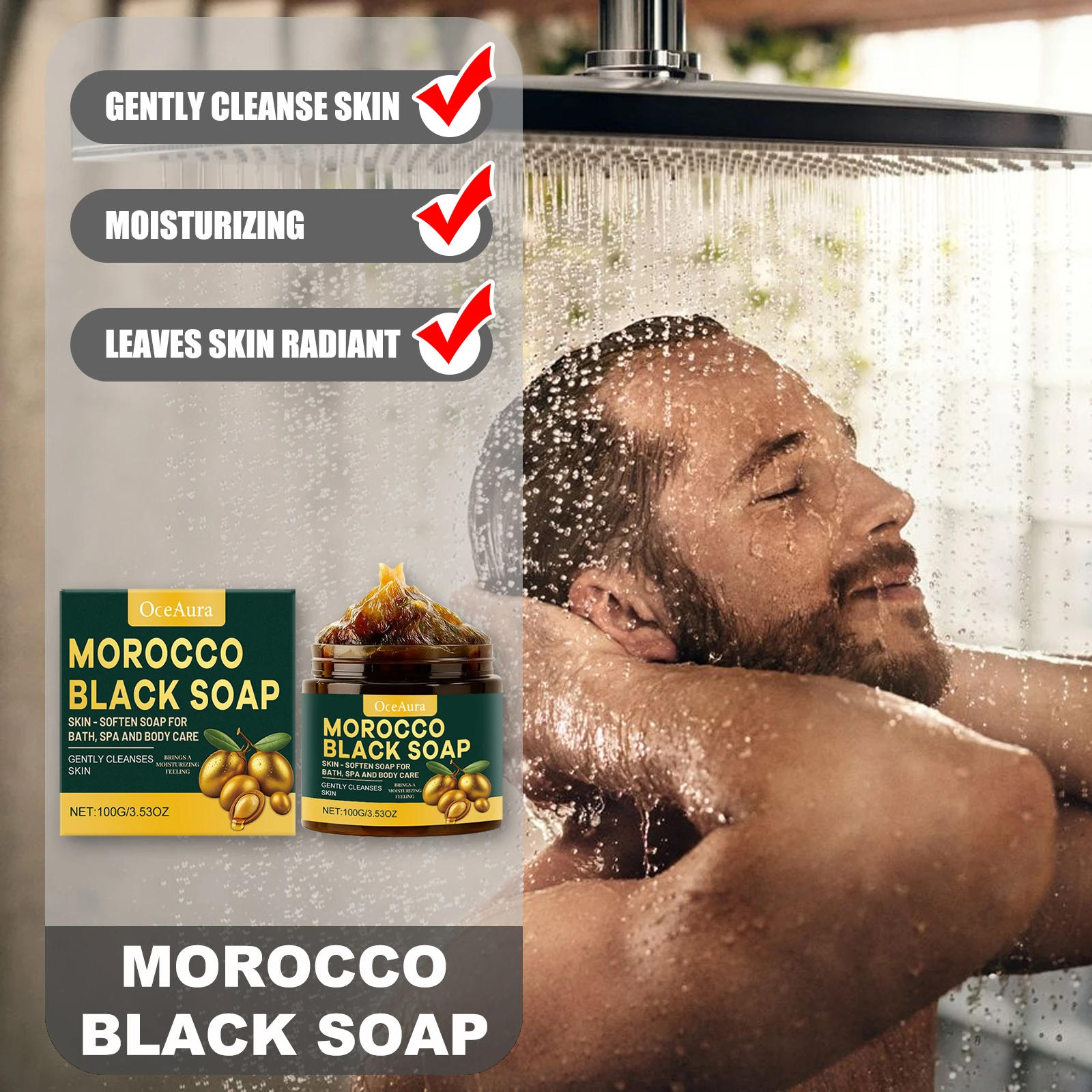 OCEAURA 100g Morocco Black Soap Gently Cleanses Removes Impurities Moisturizing Leaves Skin Radiant Smoothen Natural Ingredients