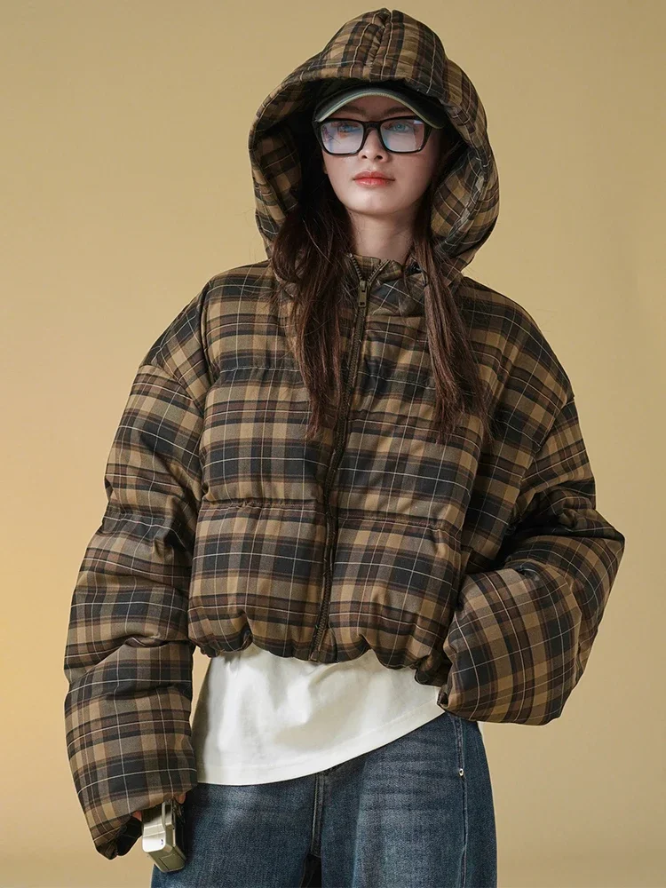 Streetwear Retro Plaid Hooded Women\'s Down Coats 2024 New Fluffy Warm White Duck Down Jacket Winter Short Puffer Jackets