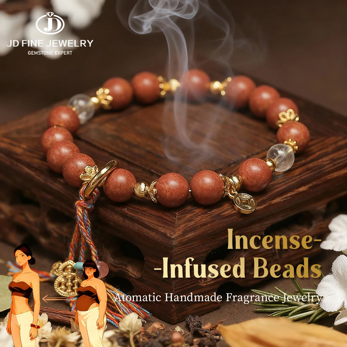 

JD Natural Incense Bead with Slide Ring Tassel Bracelet Elegant Flowing Aroma Bracelet Flexible Dainty Fragrant Gift for Women