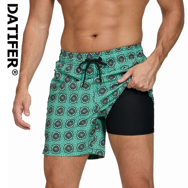 DATIFER 2025 latest Fashion Mens Shorts Polyester Long Liner 2 in 1 Traje De Baño Hombre Side Zipper Pocket Beach Gym Swimsuits