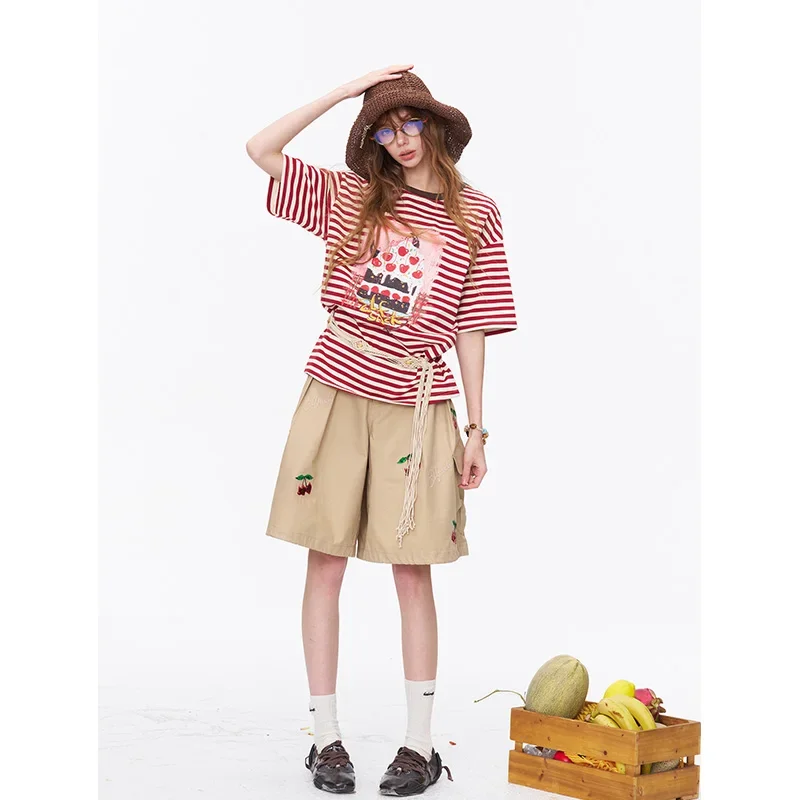 ELFSACK Striped Cake Print Oversized T-Shirt Position Printed Knit Plain Tee Casual