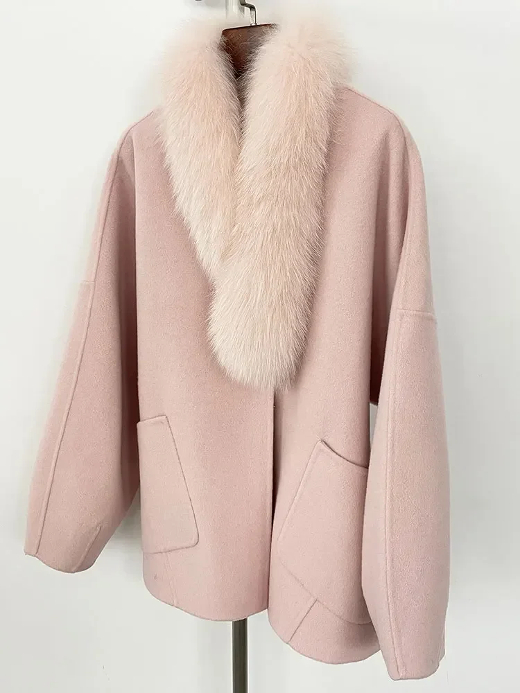 Abrigo de mujer con cuello de piel de zorro Natural auténtica, chaqueta de mezcla de lana de doble cara, ropa informal gruesa y cálida, novedad de Otoño Invierno 2024