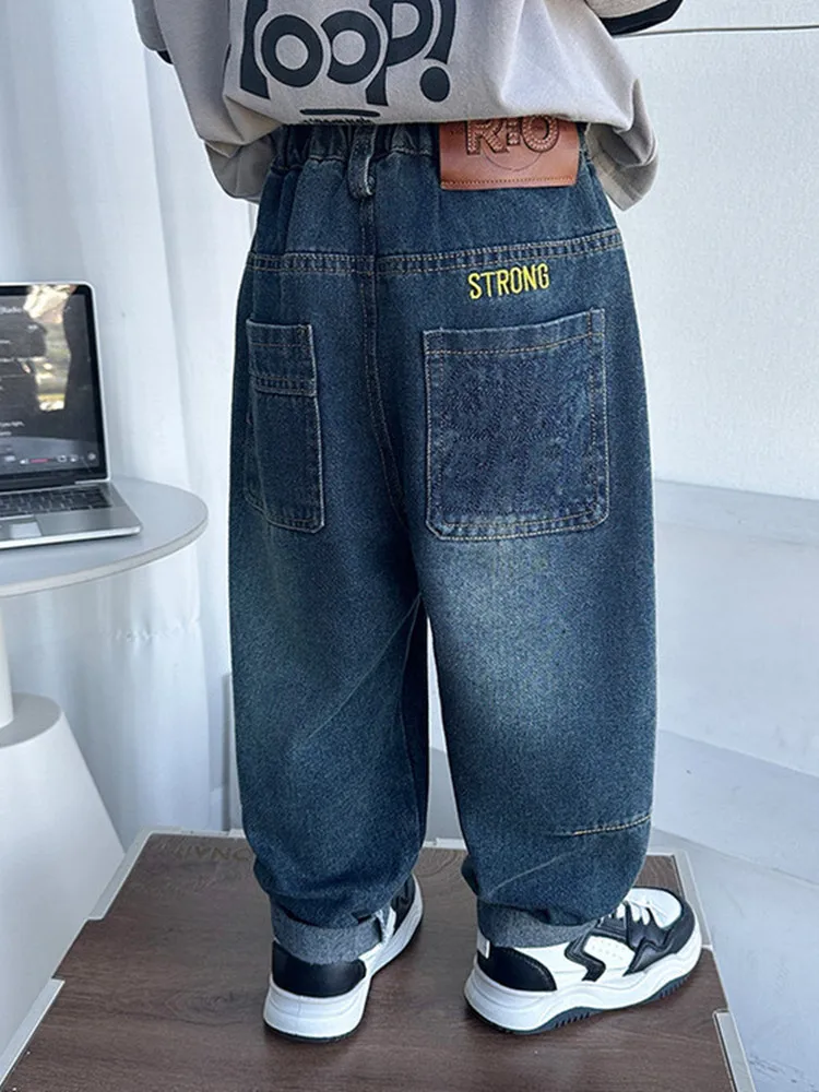 

Весенне-осенние модные джинсы для мальчиков, детские джинсы, хлопковые прямые брюки с эластичной резинкой на талии, джинсы для мальчиков, детские брюки для детей 2-11 лет