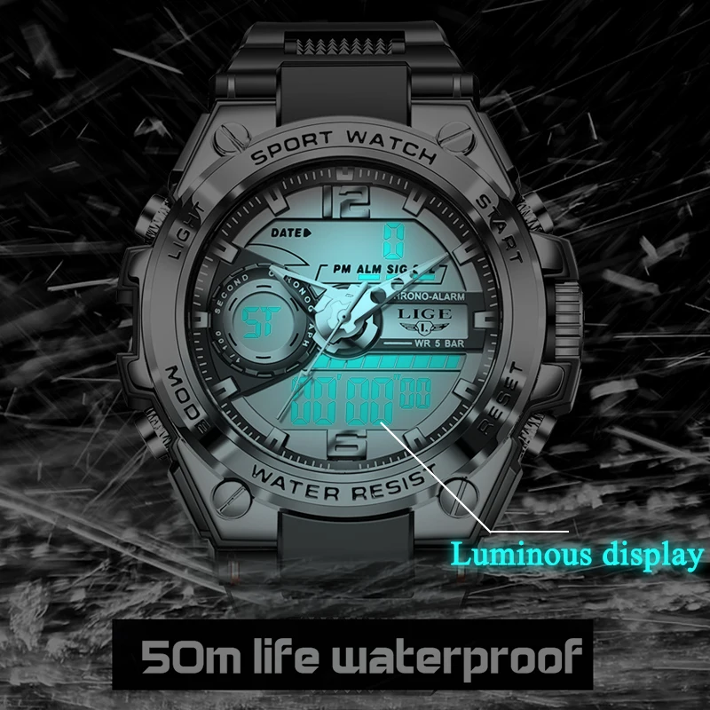 LIGE orologio da uomo orologio militare in Silicone orologio da polso sportivo di lusso di moda LED doppio Display digitale orologi orologio