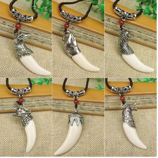 jewelry Faceted Black wax thread leather rope Tibetan silver wolf teeth Tibetan mastiff teeth pendant necklace wholesale