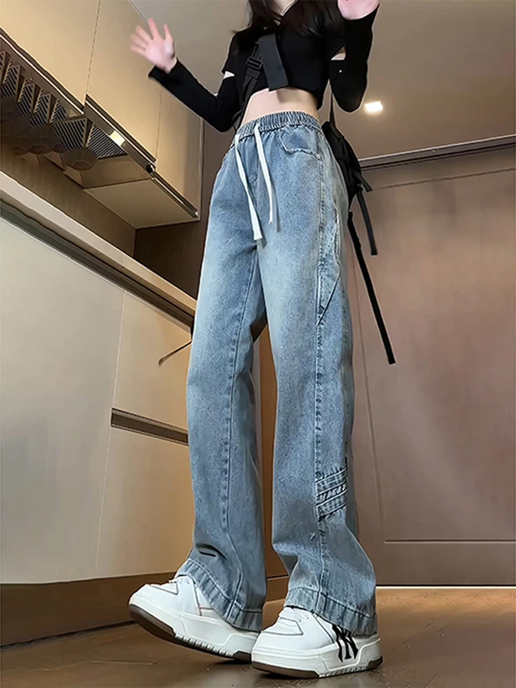 

American Retro Patchwork Men's Jeans Elastic Waist Extended Length High Waist Cleanfit Workwear Wide Leg Pants