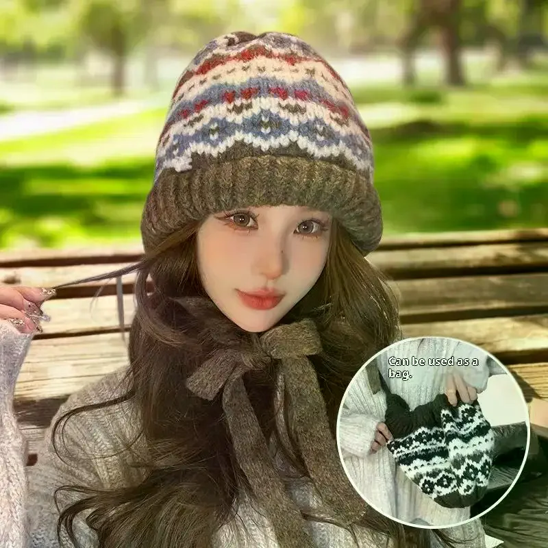 

1 шт., осенне-зимняя вязаная крючком шляпа с бантом в контрастную полоску в горошек, толстая полосатая вязаная рыбацкая панама для женщин на Рождество
