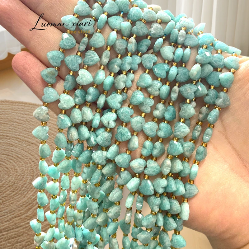 Natural Stone 8MM Faceted Heart Amazonite Horizontal Hole Spacer Beads for Jewelry Making Diy Bracelet Charms Accessories
