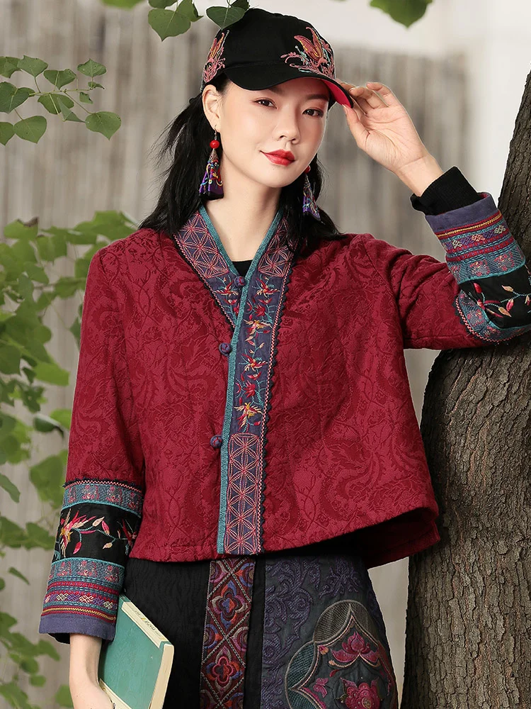 

2022 Winter V Neck Hanfu Ethnic Embroidery Cardigan Short Coat Women Vintage Tang Suit Long Sleeve Chinese Style Padded Jacket