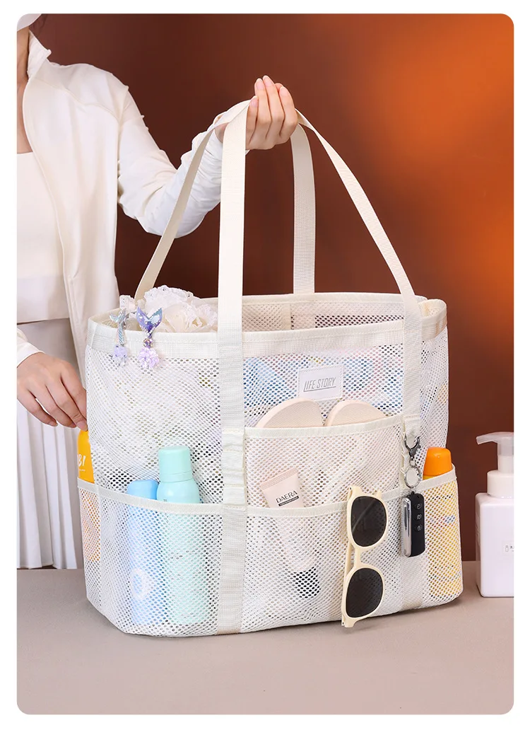 Atmungsaktive Mesh-Strandtasche mit mehreren Aufbewahrungstaschen, übergroße, schnell trocknende, wasserdichte Schultertasche für Sommersport im Freien – Detail 11