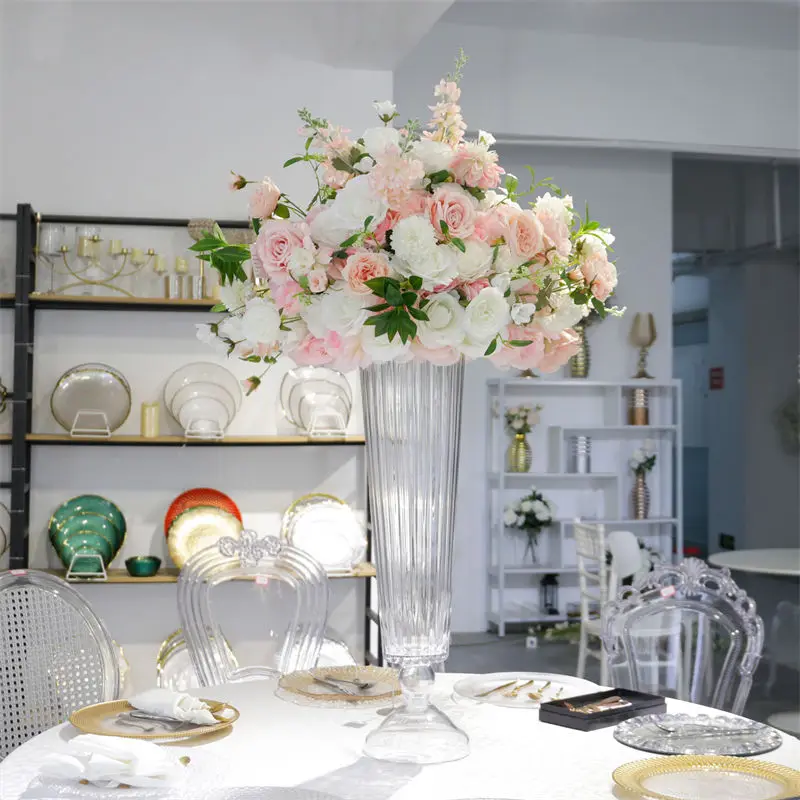6pcs）Luxury 74cm Tall Striped Cone Clear Glass Flower Vase Wedding Table Decor High Quality Trumpet Style Wedding Vases