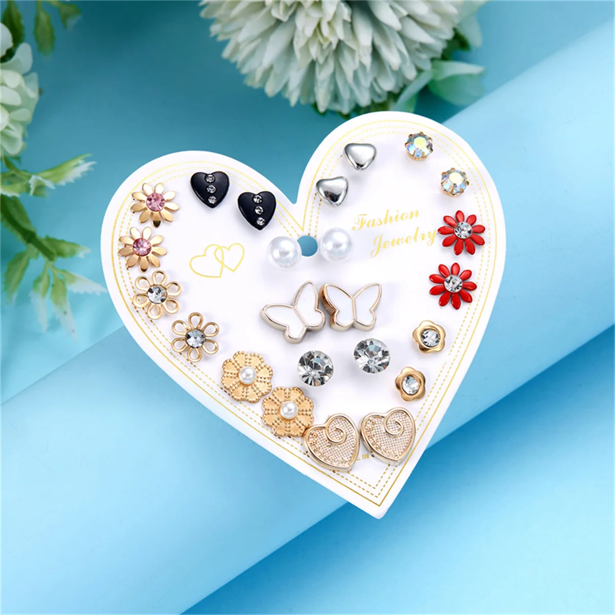 12Pairs/Set Delicate Elegant Flower Heart Butterfly Stud Earrings For Women Bohemia Mini Geometric Bow Zircon Earrings Jewelry