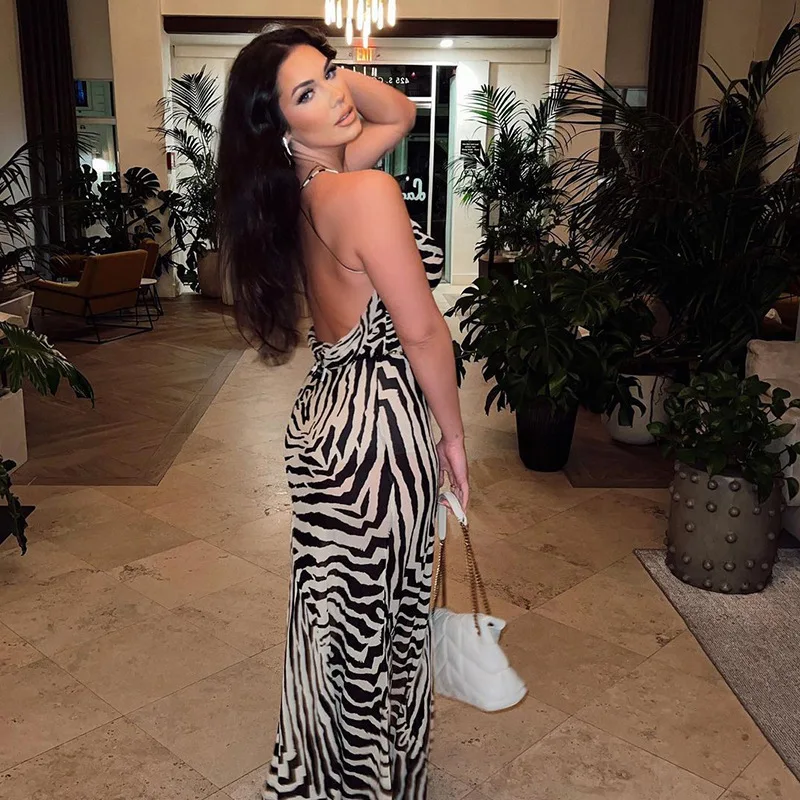 European and American New Women's Fashion Zebra Pattern High Split Tie-up Dress
