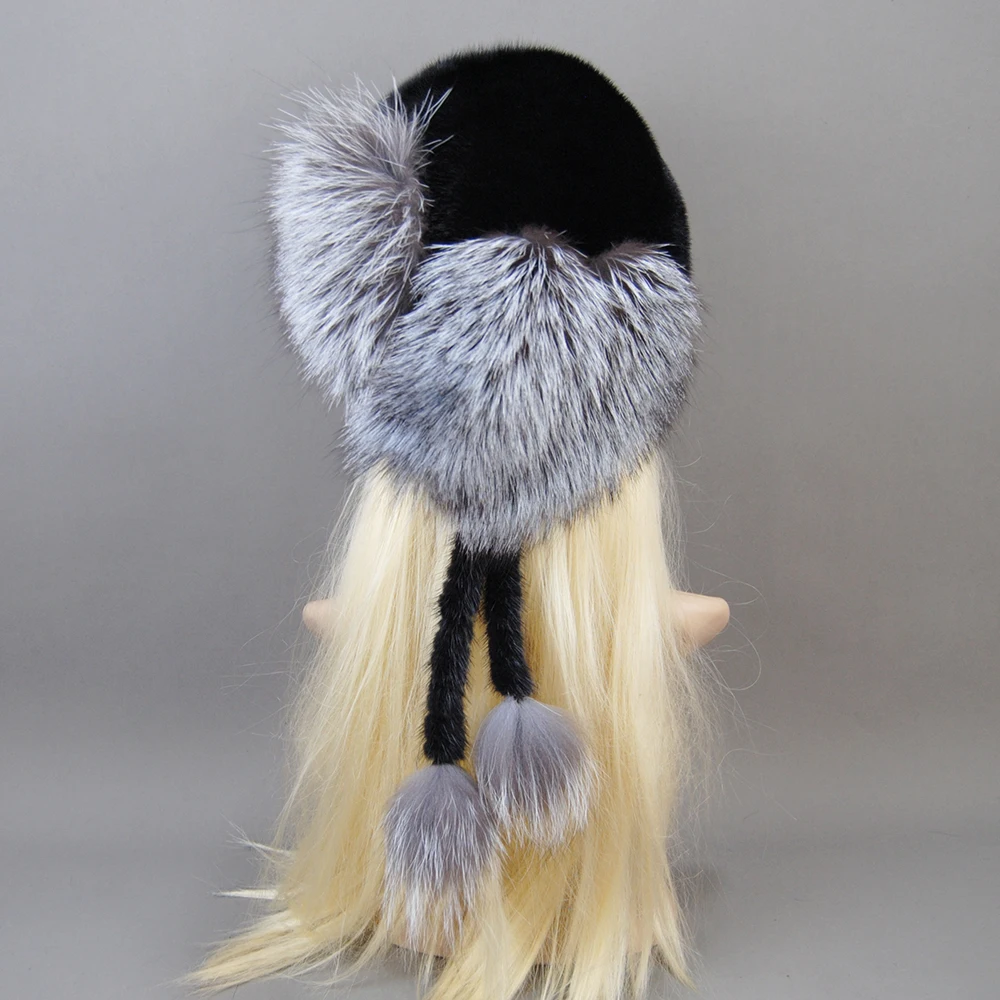 Women Winter Real Mink Fur Hats Russian Female Fur Hat With Ears Knit Beanie With Pom Poms Newsboy Caps Ladies High Elastic Hat