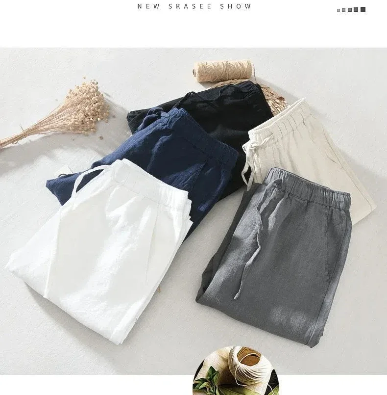 

Summer Cotton Linen Pants Men Beach Pants Man Casual Drawstring Elastic Waist Nine Point Pants Baggy Pants Breathable Trousers