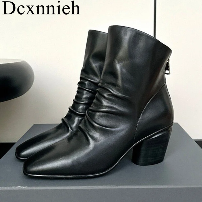 

Chunky High Heel Chelsea Boots Women Genuine Leather Pleated Design Zipper Ankle Botas Ladies Autumn Winter Work Short Boots