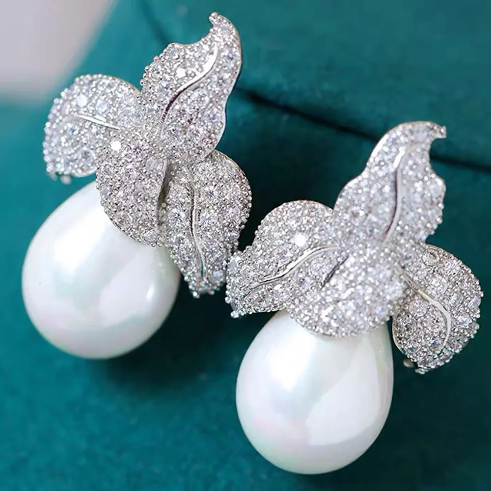 

Missvikki Trendy Hot Luxury Charm Round Pearl Shiny Dangle Earrings for Women Full Micro CZ Cubic Zircon Dubai Wedding Indian