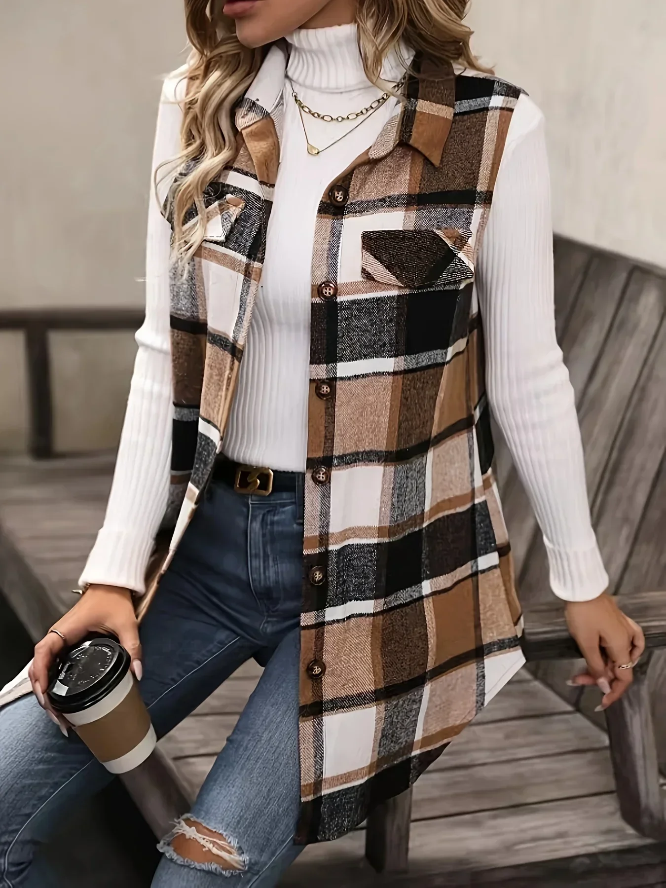 Women Plus Size 1XL-5XL Plaid Print Flap Detail Sleeveless Coat Ladies Fashion Sleeveless Thick Thermal Vest Women Outwear