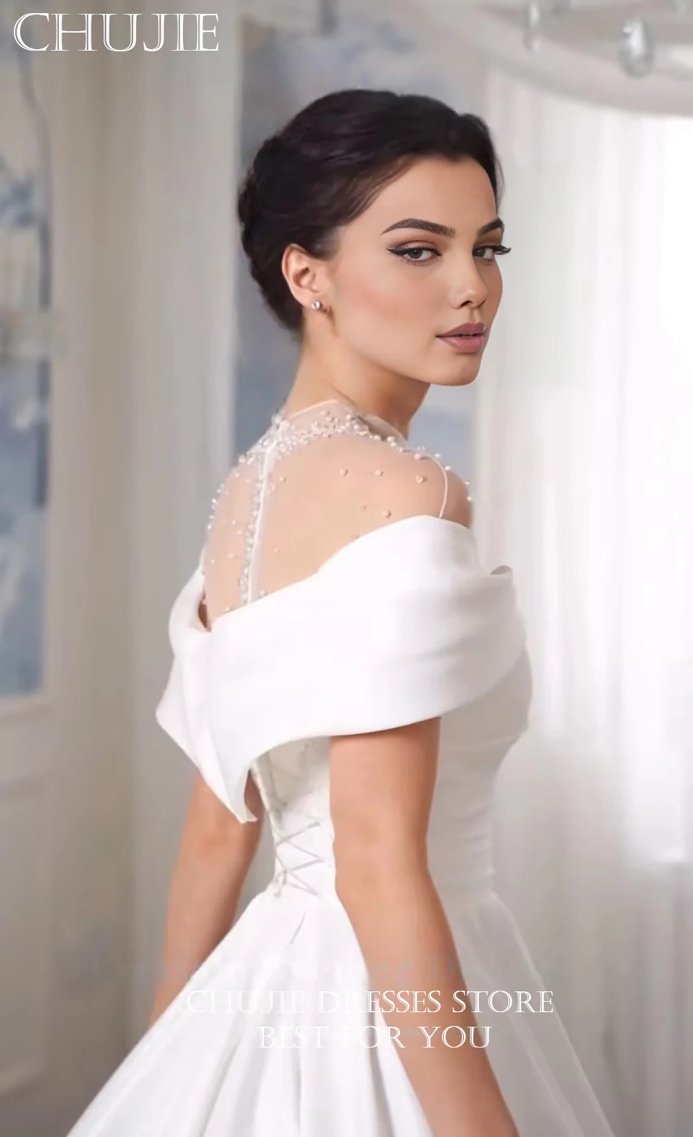 فساتين زفاف بيضاء قبالة الكتف دبي العربية رقبة عالية لؤلؤ ساتان على شكل حرف a الأميرة زي العرائس Vestidos De Novia مخصصة