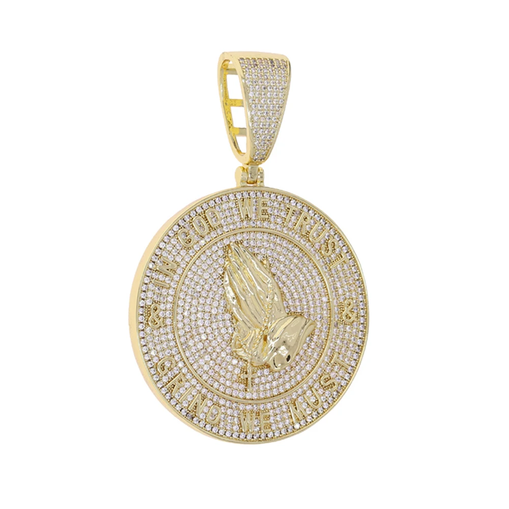 New Iced Out In God We Trust Pendants Necklace Bling CZ Cubic Zirconia Praying Hands Round Charm For Men Women Hip Hop Jewelry