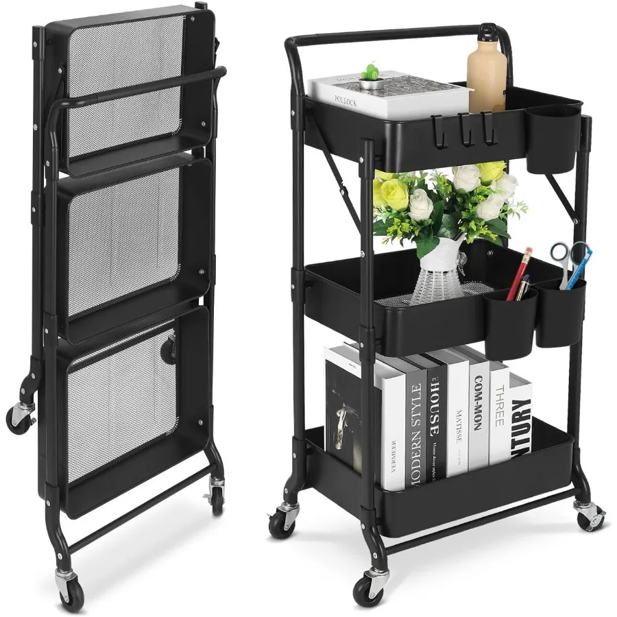 Foldable 3 Tier Metal Utility Rolling Cart with MultiFunction Design for Home Library and Office Storage Compact Mobile Organiz