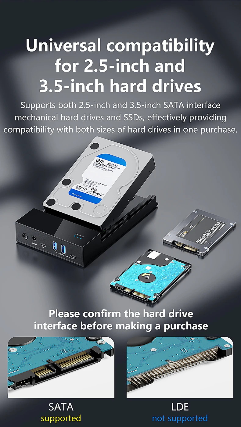 Blueendless 2,5/3,5 Zoll HDD/SSD-Gehäuse mit USB3.0-HUB, Unterstützt 18TB, Typ-C-zu-SATA-Adapter, Werkzeugfreies HDD-Gehäuse mit 12V-Stromadapter – Detail 14