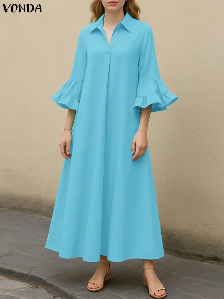 5XL VONDA Plus Size Women Elegant Maxi Dresses Lapel 3/4 Sleeve Ruffled Long Vestidos Casual Solid Party Robe Office Sundress