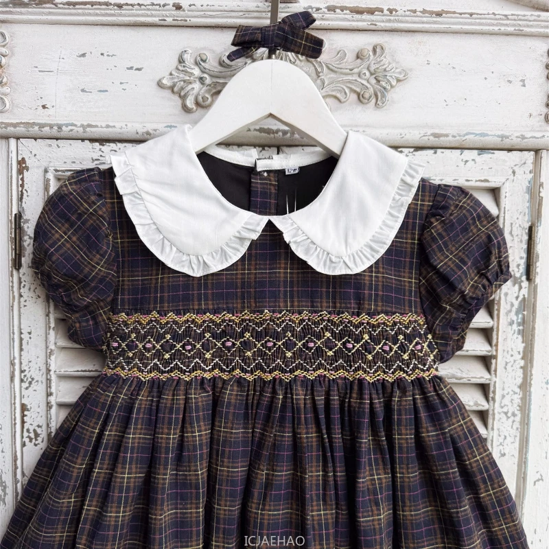 

Teen Girl Clothes 2025 ChildrenSleeve Dress White Doll Collar Outfit Vintage Dark Plaid Hand Smocked Costume Kids Girls Short