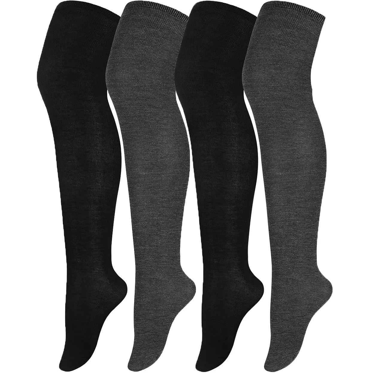 

2 Pairs Women Thigh High Socks Extra Long Cotton Knit Warm Thick Tall Boot Stockings Leg Warmers, Black, Grey