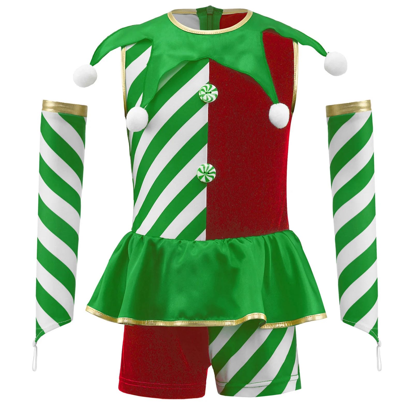 

Girls Christmas Striped Elf Costume Outfit Set Dance Clown Fancy Dress Up Waist Ruffled Pompoms Overlay Jumpsuit And Oversleeves