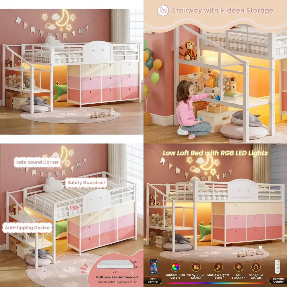 سرير علوي منخفض الحجم مزدوج مع 9 أدراج وأضواء LED وإطار معدني وتخزين الدرج