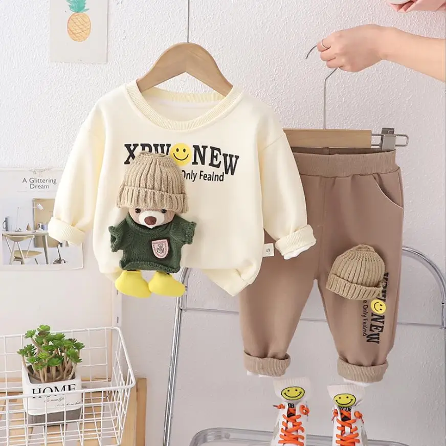 男の子用長袖パーカーとパンツ,幼児用トラックスーツ,漫画のクマの服,子供服,新しいスタイル,春,2022